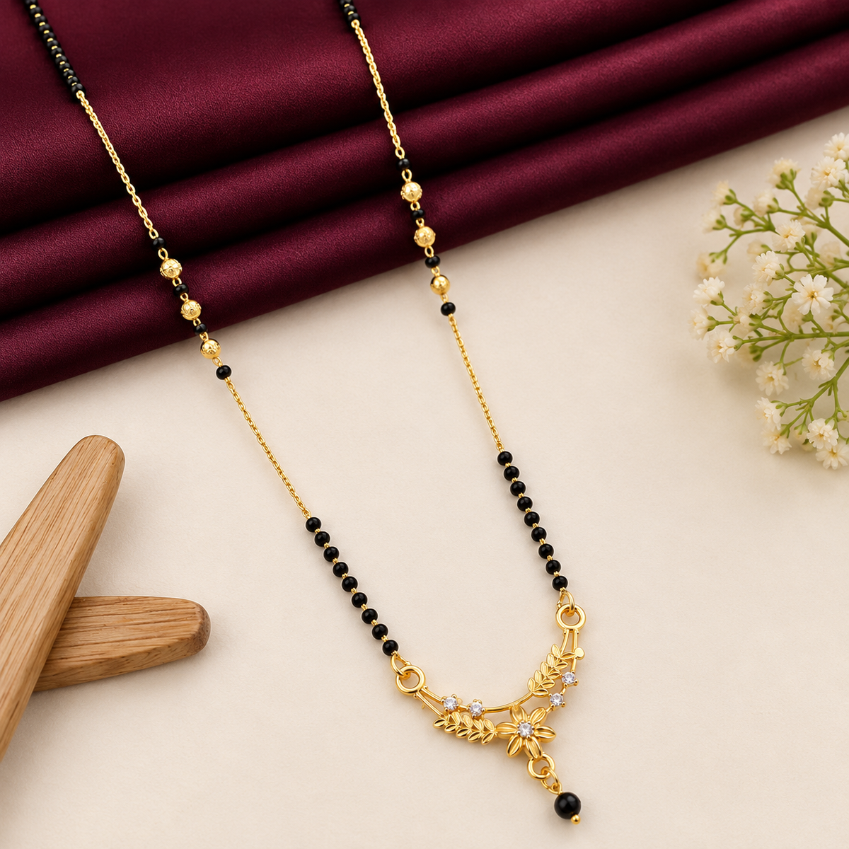 Fancy Floral Black Bead Mangalsutra | Gold-Plated Daily Wear Necklace