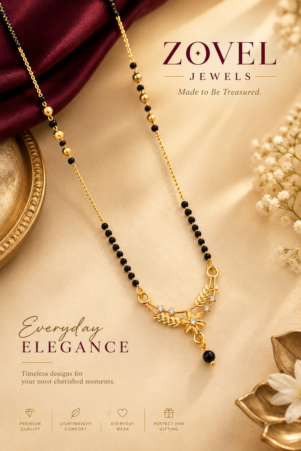 Fancy Floral Black Bead Mangalsutra | Gold-Plated Daily Wear Necklace