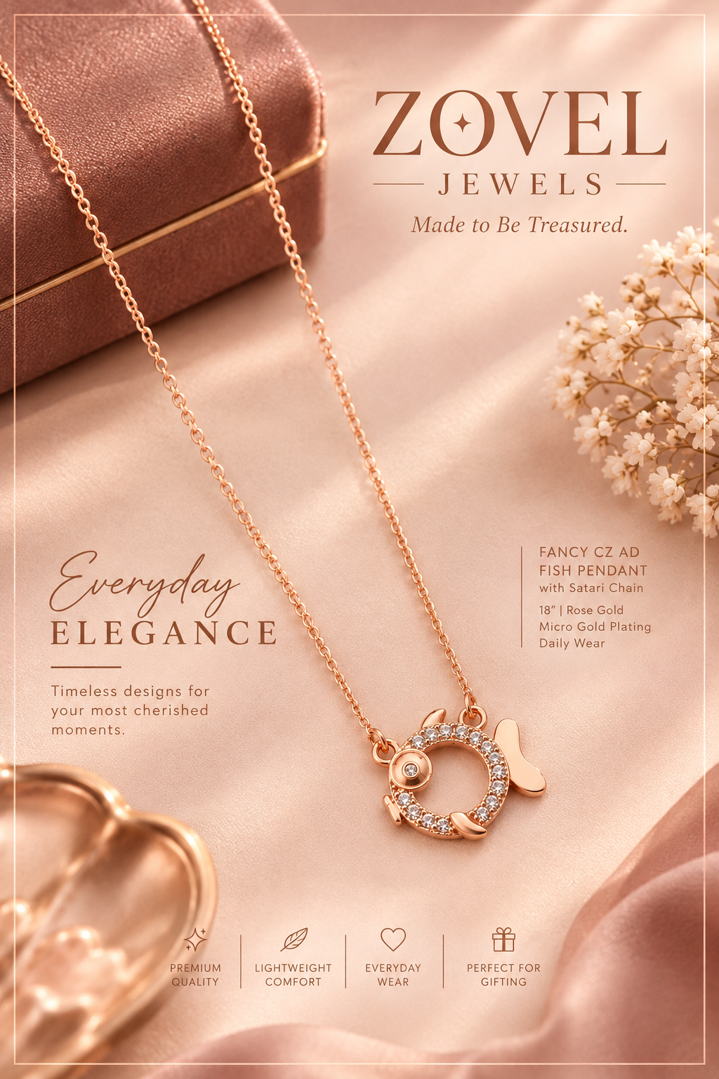 Fancy CZ AD Fish Pendant with Satari Chain