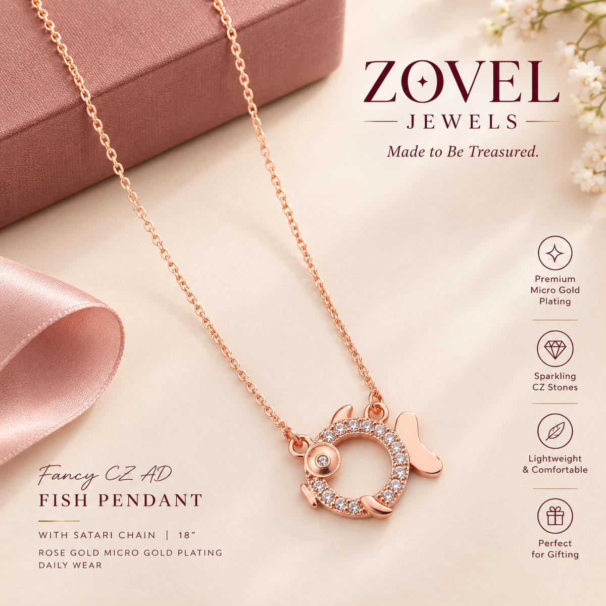 Fancy CZ AD Fish Pendant with Satari Chain