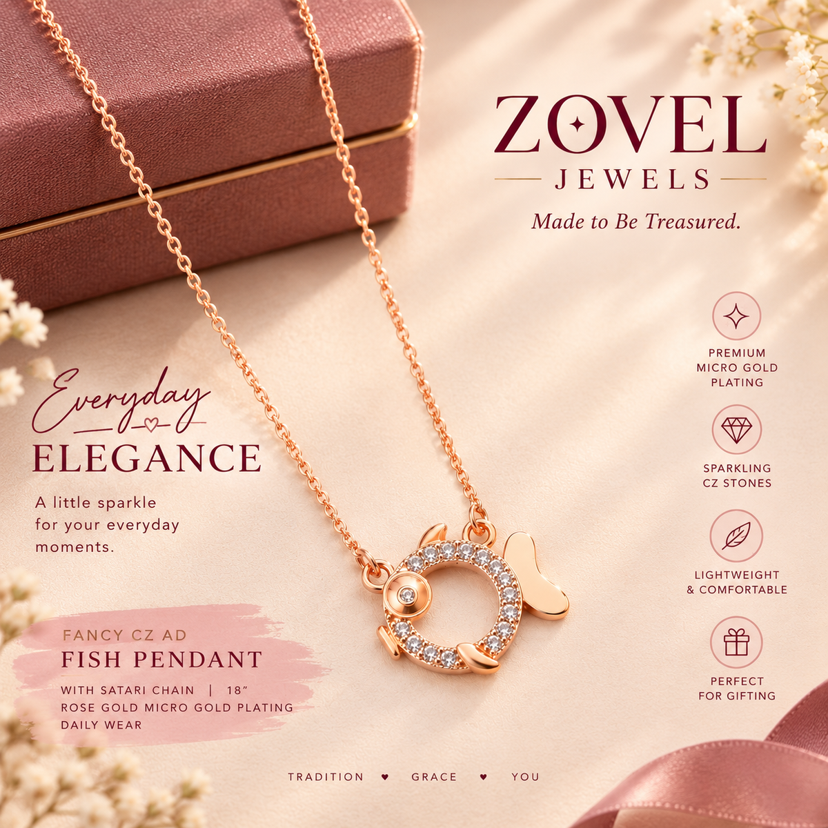 Fancy CZ AD Fish Pendant with Satari Chain