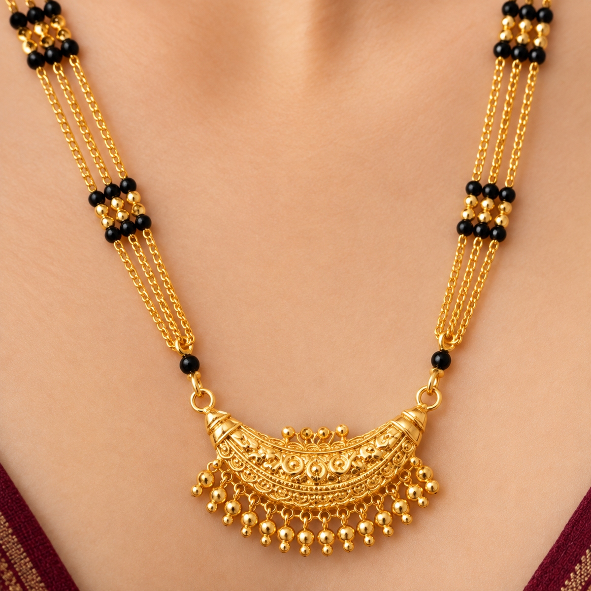Fancy Makoda Chain Bindi Para 3 Line Mangalsutra with Mangal Pot & MS Pendant