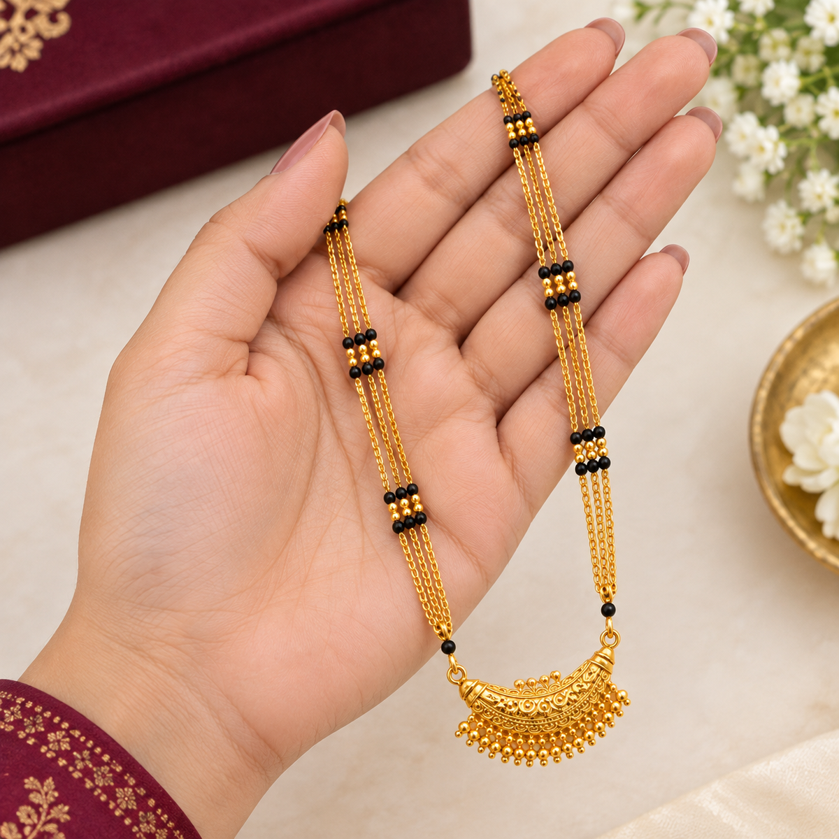 Fancy Makoda Chain Bindi Para 3 Line Mangalsutra with Mangal Pot & MS Pendant