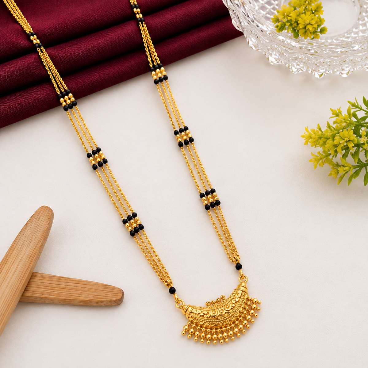 Fancy Makoda Chain Bindi Para 3 Line Mangalsutra with Mangal Pot & MS Pendant