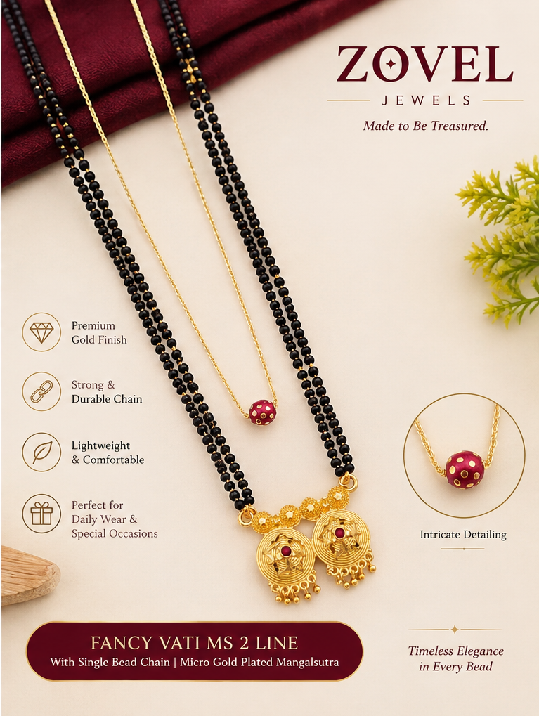 Fancy Vati MS 2 Line 30" & Satari Chain 18" CNC Pendant Combo | Micro Gold Plated Mangalsutra Set