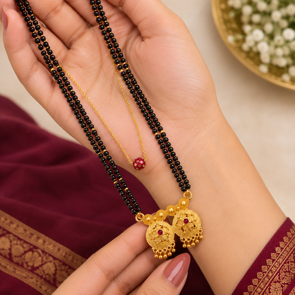 Fancy Vati MS 2 Line 30" & Satari Chain 18" CNC Pendant Combo | Micro Gold Plated Mangalsutra Set