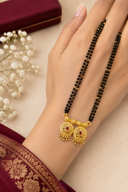 Fancy Double Line Black Beaded Mangalsutra with Designer Gold-Tone Pendant | Daily Wear Jewellery