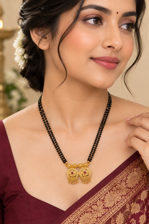 Fancy Double Line Black Beaded Mangalsutra with Designer Gold-Tone Pendant | Daily Wear Jewellery