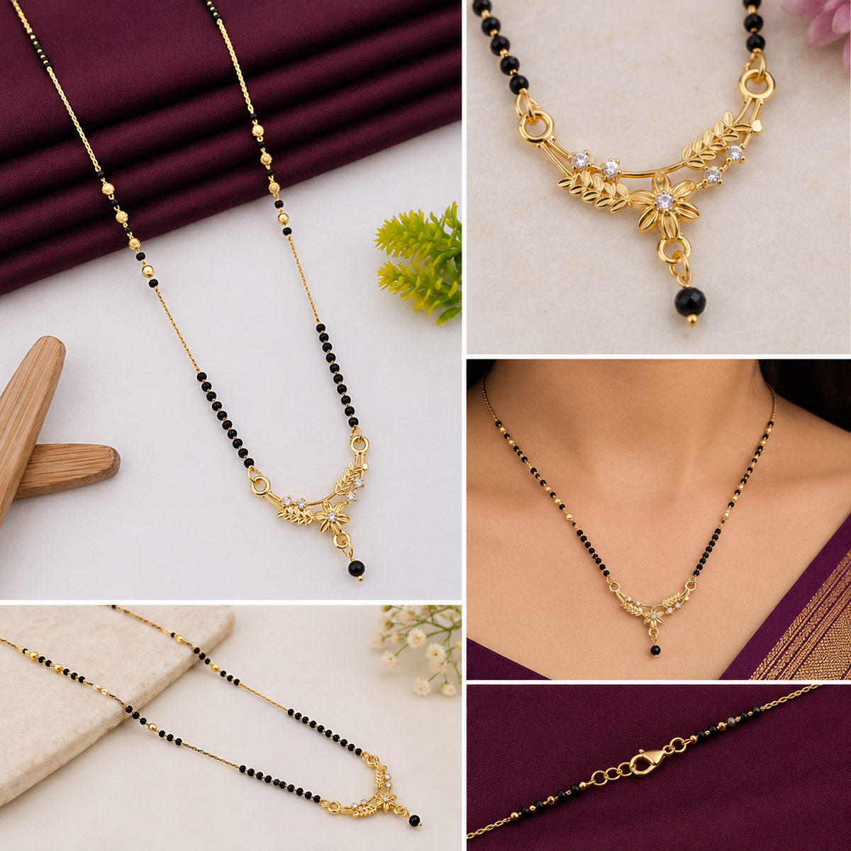 Fancy Floral Black Bead Mangalsutra | Gold-Plated Daily Wear Necklace